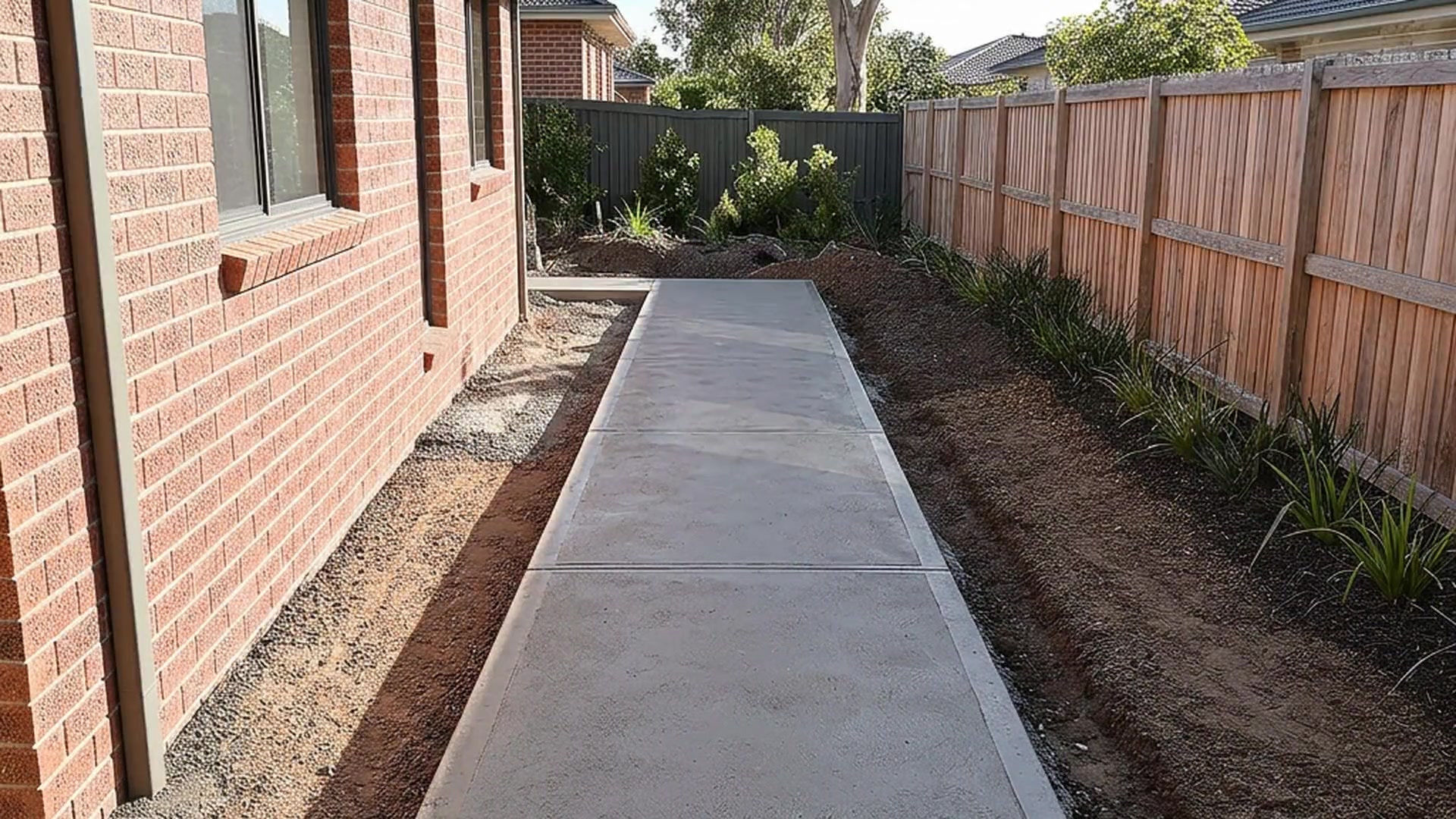 Finished residential concrete pathway beside a brick home