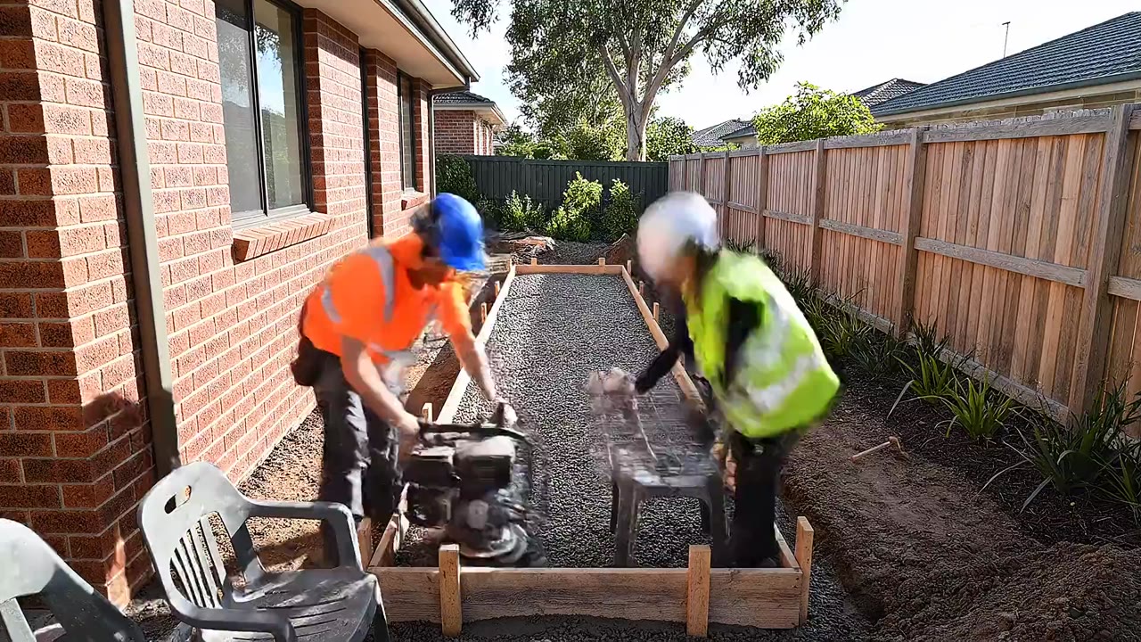 Concrete pathway installation beside a residential home