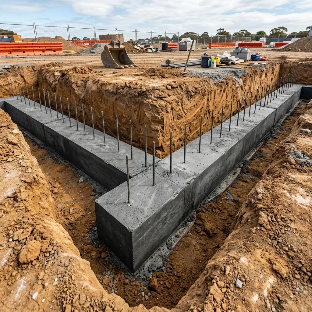 Illustration of below-ground concrete strip footings in excavated trenches