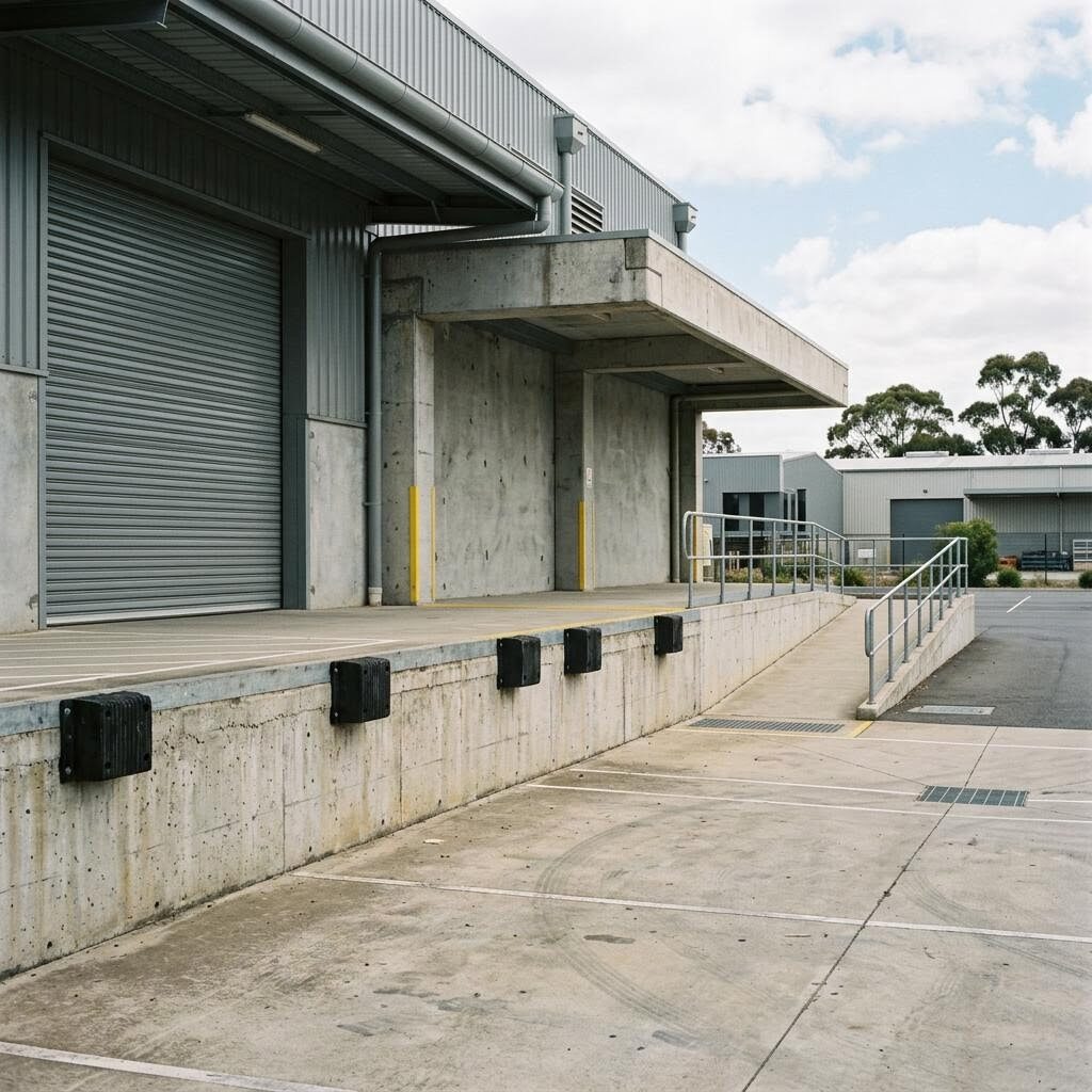 Illustration of a raised concrete warehouse loading dock and vehicle apron