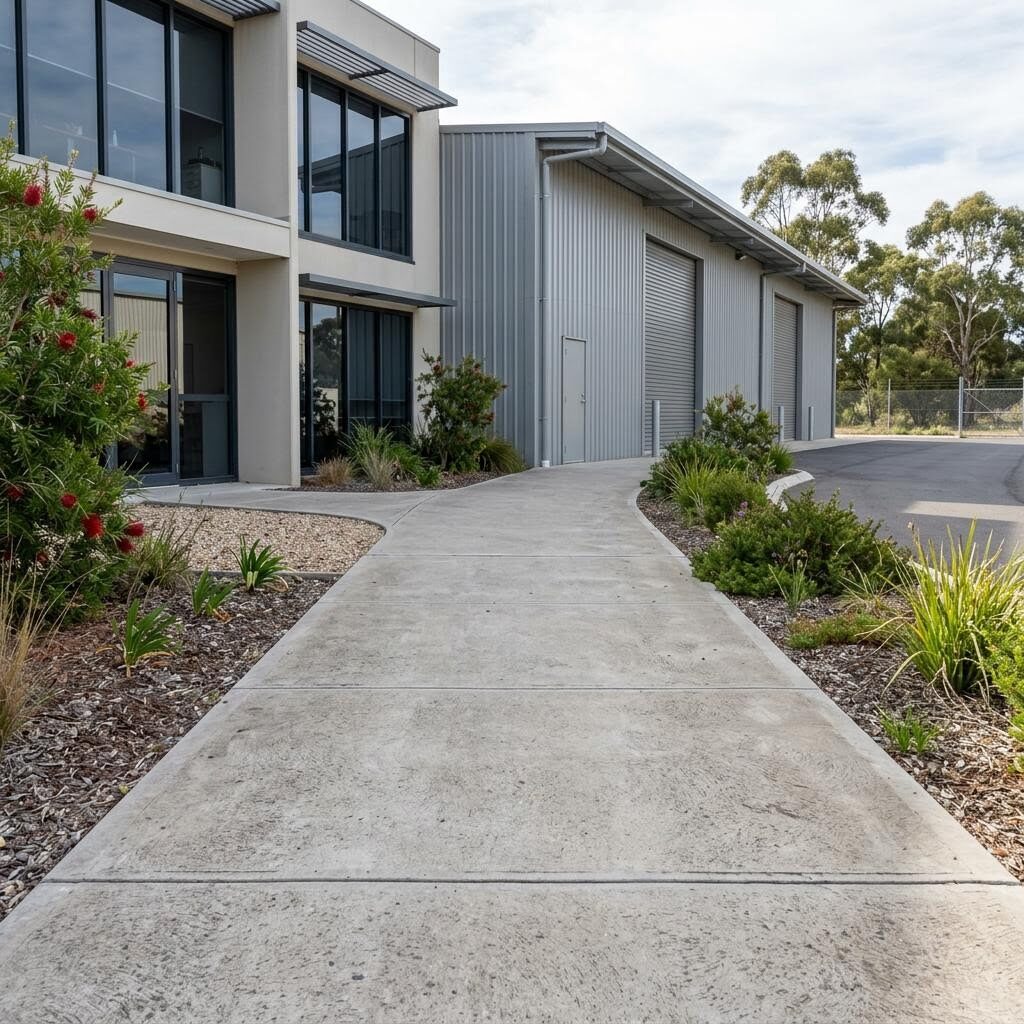 Illustration of a poured concrete pedestrian path beside commercial offices