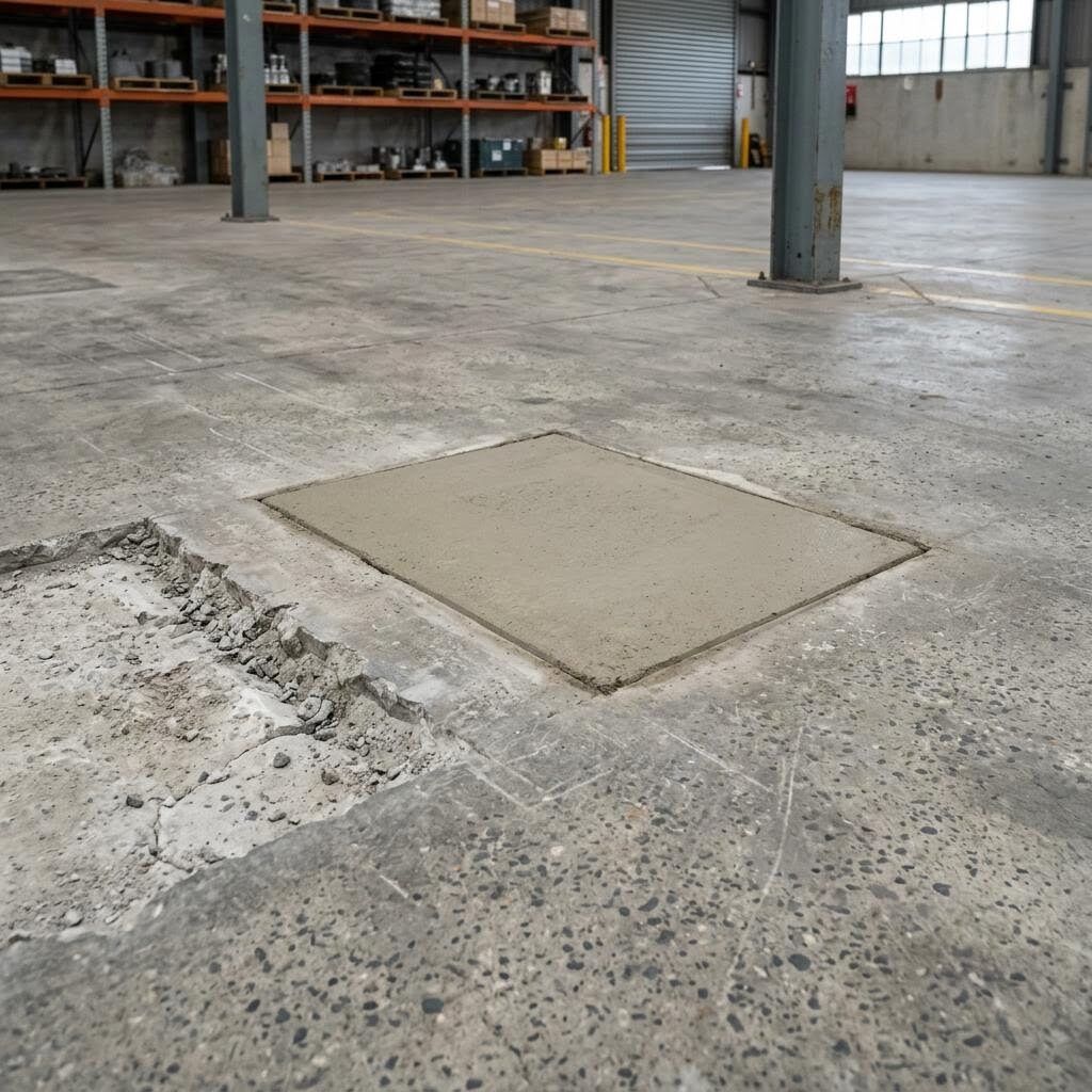 Illustration of a localized concrete repair patch in a commercial warehouse floor