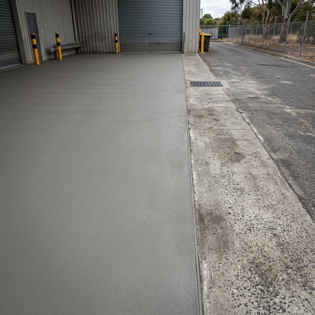 Illustration of a renewed concrete surface beside an older industrial access surface