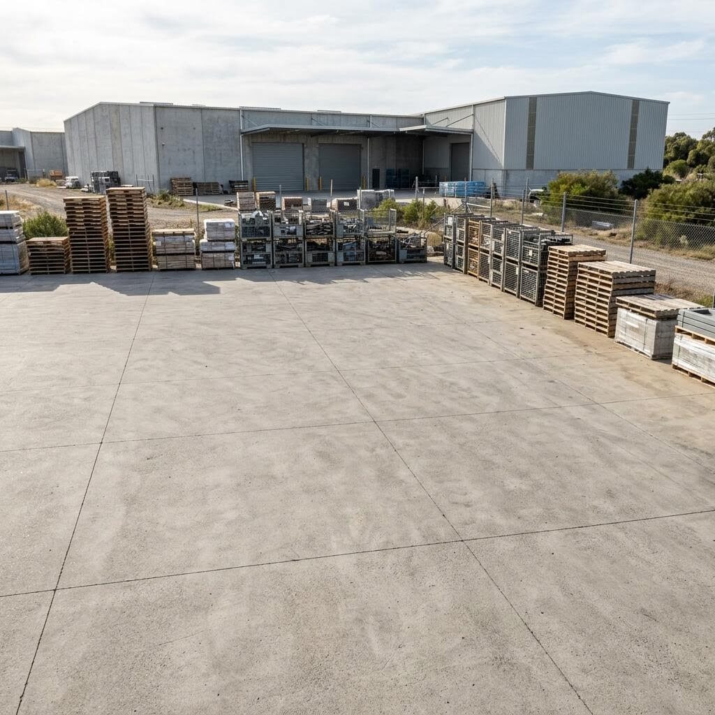 Illustration of an industrial concrete storage hardstand with materials stored at its edges